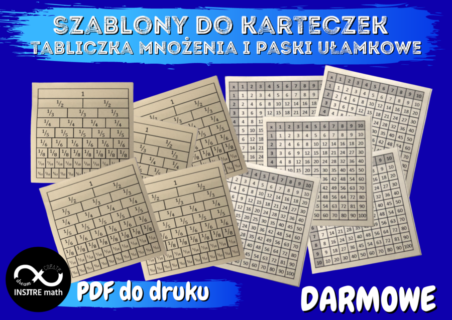 Darmowa tabliczka mnożenia i paski ułamkowe na karteczkach samoprzylepnych - szablony.