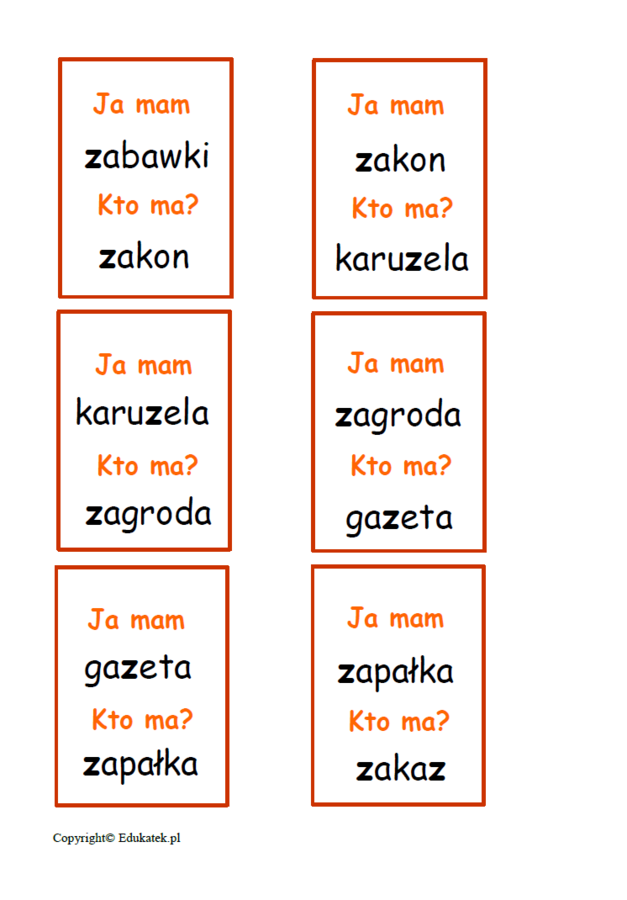 Gra logopedyczna - zestaw kart typu kto ma, ja mam – głoski syczące