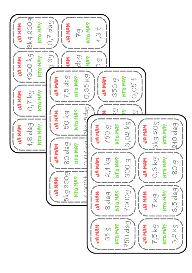 Ja mam, kto ma - jednostki masy (wyrażenia dwumianowane i ułamki dziesiętne). Klasa 4, 5, 6