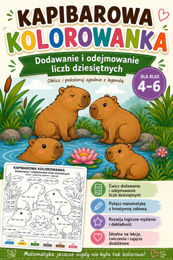 🦫 Kapibarowa kolorowanka matematyczna – dodawanie i odejmowanie liczb dziesiętnych | Klasy 4–6