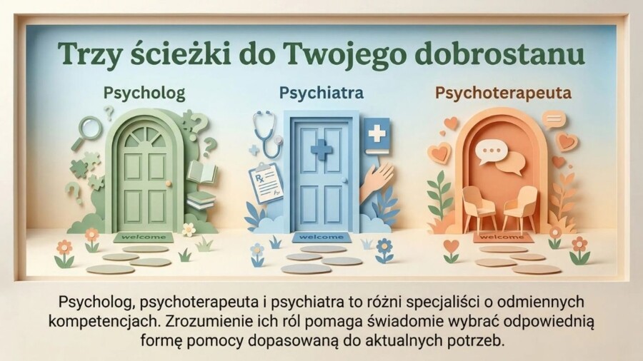 Zdrowie psychiczne. Psycholog, psychoterapeuta, psychiatra – czym się różnią? (gazetka szkolna / prezentacja)