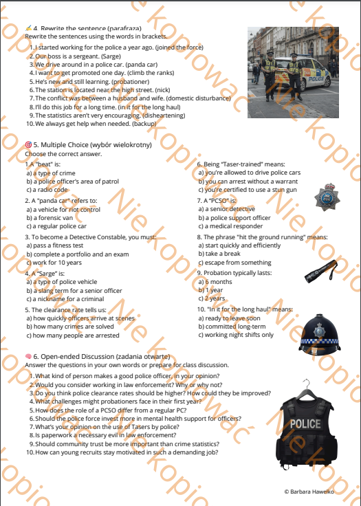 Karta pracy Work in the UK Police ze słowniczkiem i kluczem odpowiedzi