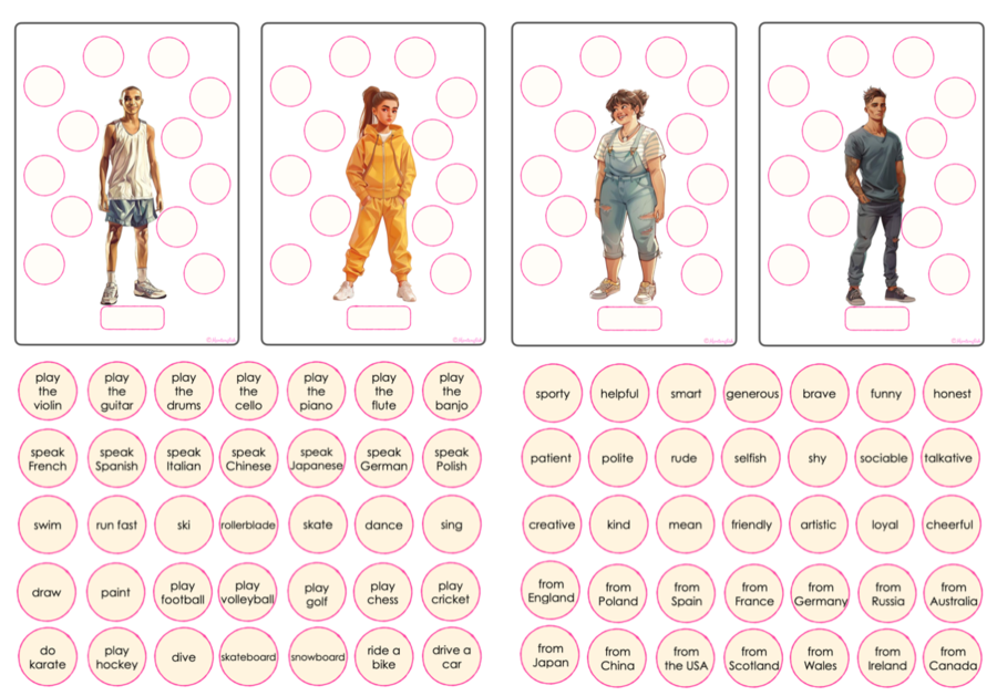 Karty na speaking: opis postaci z to be/have got/can/is wearing