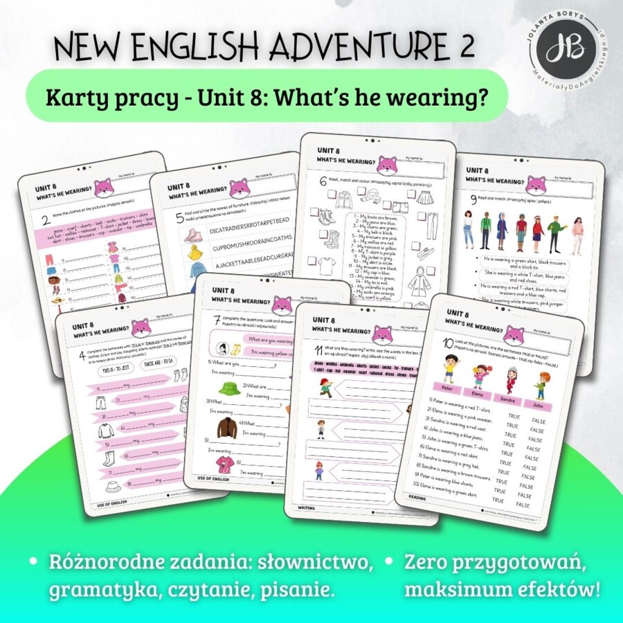 New English Adventure 2 – Unit 8: What's he wearing – Karty pracy dla klasy 2