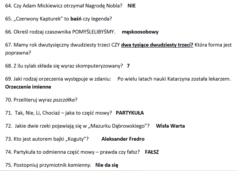 100 pytań z klasy VI