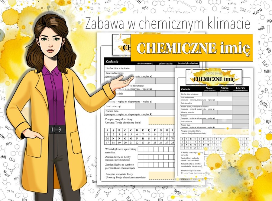 Klasa 1,2,3,4,5,6,7,8. Chemia. Zabawa słowna. Gra. Stwórz swoje własne chemiczne imię! Pani Atomówka KIDS.
