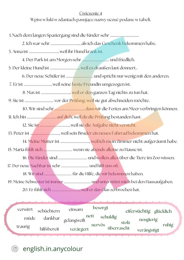 Niemiecki - Gefühle - 2 układy kart obrazkowych, Bingo, Zestaw ćwiczeń z zakresu Uczuć