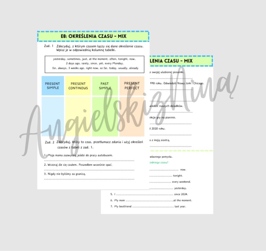 E8 - określenia czasu - mix - karta pracy - powtórka czasów - wklejka - Present Simple - Past Simple - Present Continuous - Present Perfect - egzamin ósmoklasisty - matura
