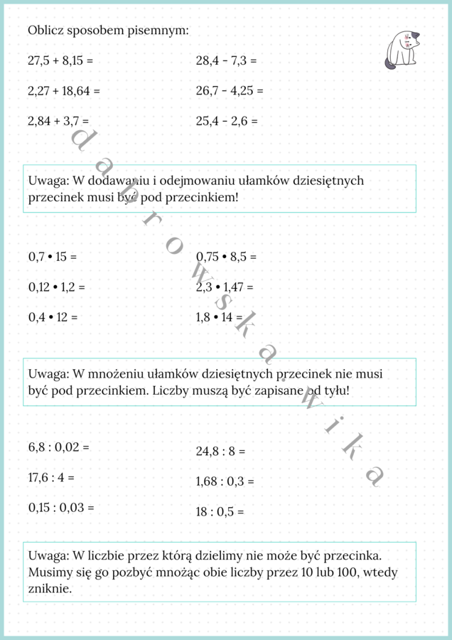 Działania pisemne - ułamki dziesiętne