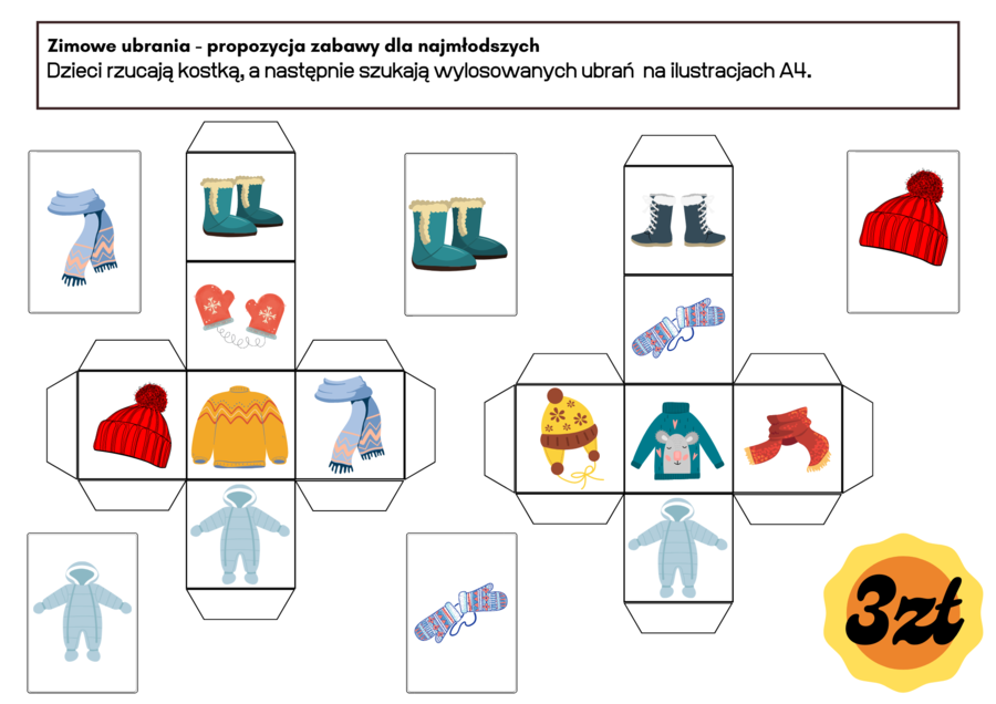 Propozycja zabawy dla najmłodszych ??Zimowe ubrania - kostka do gry - i karty A4.