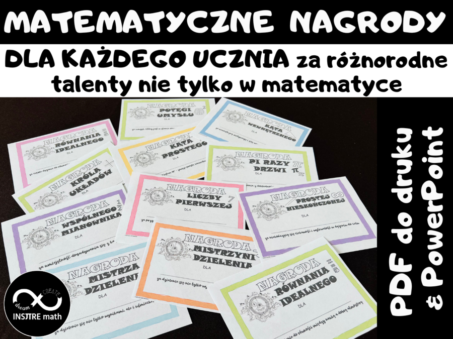 Zabawne matematyczne nagrody, dyplomy, podziękowania na koniec roku szkolnego.