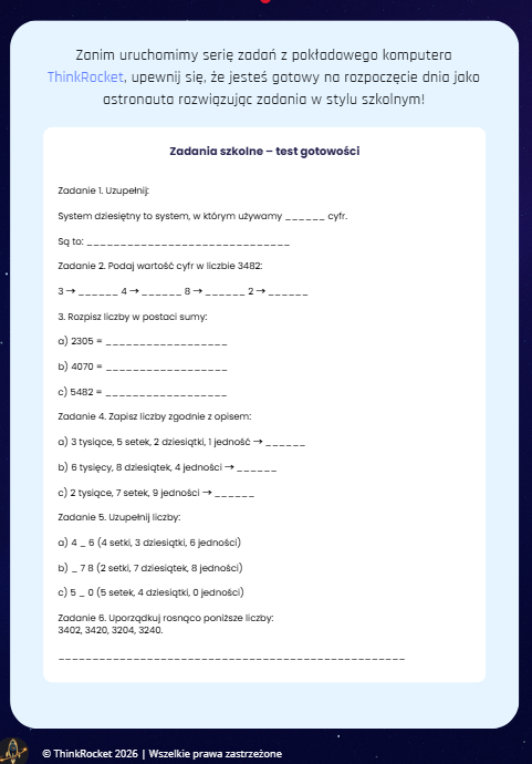 System dziesiętny w kosmicznej przygodzie (klasy 1–4) | Przetestuj styl ThinkRocket