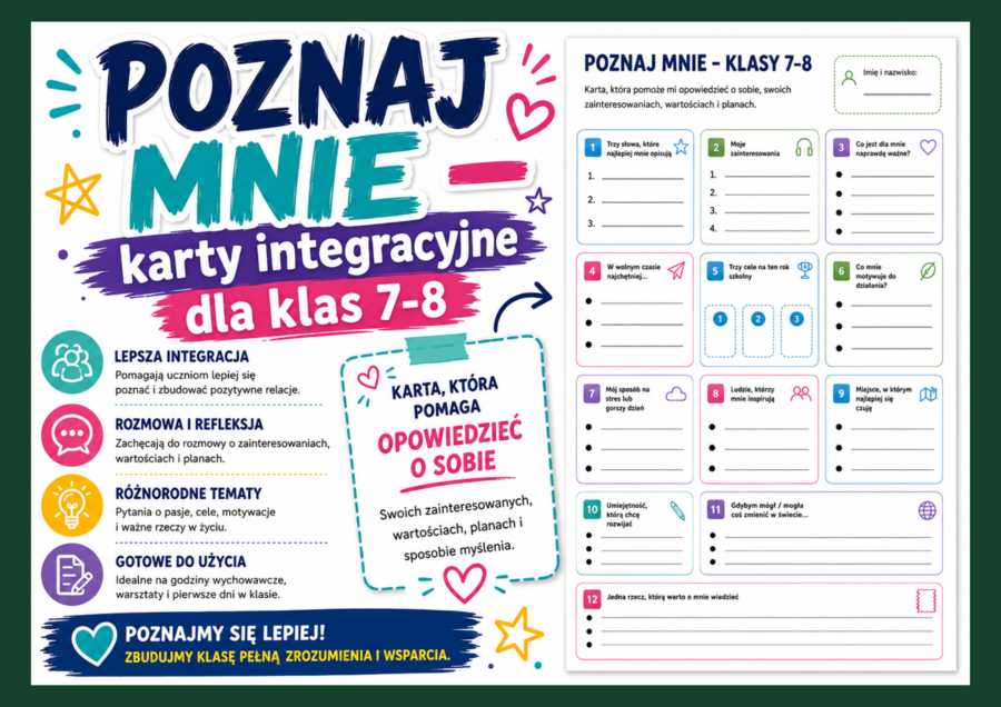 ❤️ POZNAJ MNIE – karty integracyjne dla klas 7–8