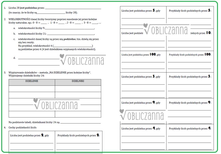 DZIELNIKI, WIELOKROTNOŚCI, CECHY PODZIELNOŚCI, NWW, NWD - notatka (karta do uzupełnienia)