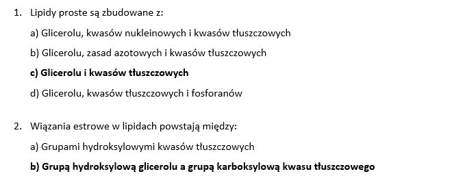 Test- Chemizm życia. Składniki organiczne- lipidy (poziom rozszerzony)