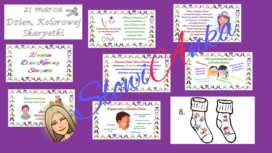 Dzień Kolorowej Skarpetki (Światowy Dzień Zespołu Downa) - ZESTAW: napis + gazetka + gra skojarzeniowa "Porzekadła"
