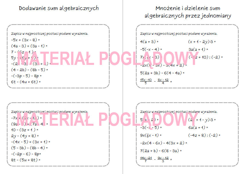 Szybkie karteczki – wyrażenia algebraiczne, sumy algebraiczne, jednomiany, redukcja wyrazów podobnych (karta pracy, kartkówka kl. 6, 7, 8)