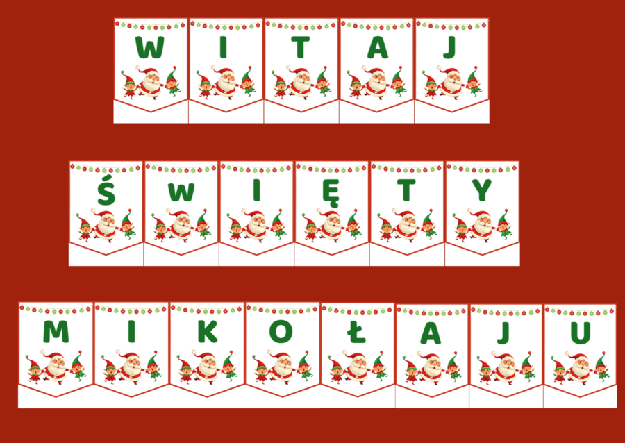 WITAJ ŚWIĘTY MIKOŁAJU – MIKOŁAJKI – Mikołaj – GIRLANDA – biblioteka – świetlica – przedszkole – gazetka – wersja 2