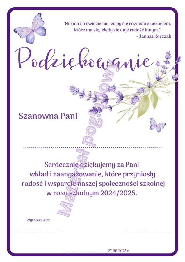 Podziękowanie dla rodziców na koniec roku szkolnego 2024/2025