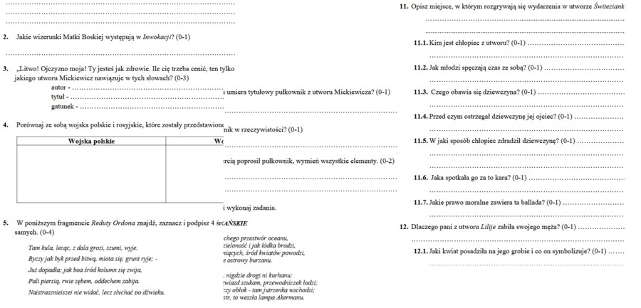 Adam Mickiewicz twórczość - sprawdzian/karta pracy kl. 7-8