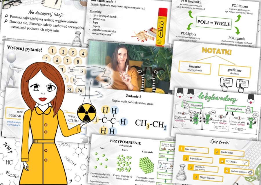 Chemia. Klasa 8. Węglowodory. Kompletny PAKIET materiałów do całego działu dla nauczyciela. Prezentacja. Karta pracy. Gra dydaktyczna. Zadanie. Sketchnotka. Powtórzenie wiadomości. Kartkówka. Sprawdzian.