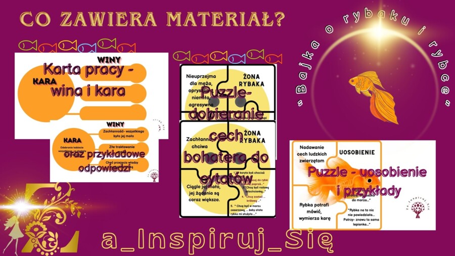 Baśnie: "Kopciuszek", "Bajka o rybaku i rybce", "Królowa pszczół", cechy baśni - karty pracy, scenariusz lekcji, zadania