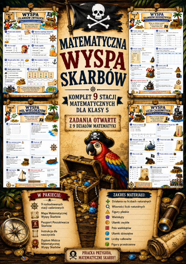 Matematyczna Wyspa Skarbów – 9 stacji matematycznych dla klasy 5- wielka powtórka całego roku szkolnego | Mapa, paszport i dyplom