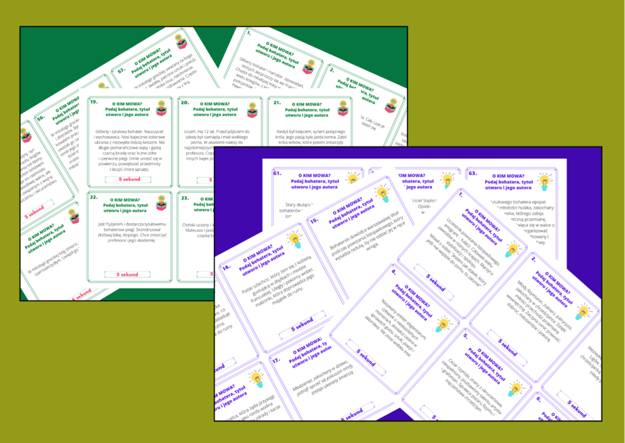 O KIM MOWA? – bohaterowie – LEKTURY obowiązkowe i uzupełniające – kl. 4-8 – gra „5 sekund” - 126 fiszek + ODPOWIEDZI - egzamin - powtórka