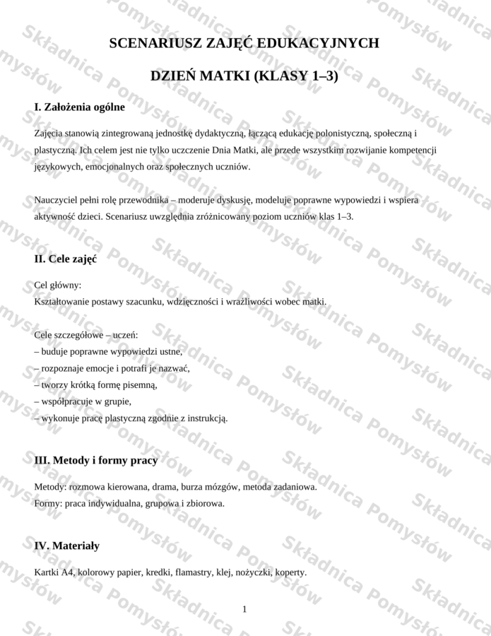 DZIEŃ MATKI – scenariusz zajęć - klasy 1-3; edytowalny; pomysł na zajęcia; konspekt