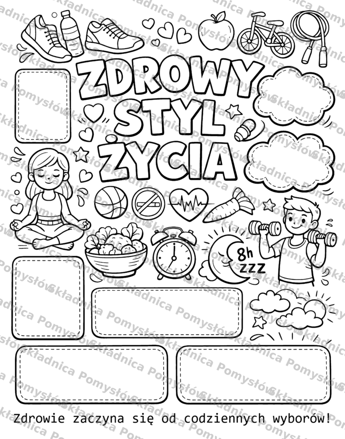 ZDROWY STYL ŻYCIA - kolorowanka, plakat XXL do uzupełniania + miniatura A4; dekoracja, karta pracy, gazetka
