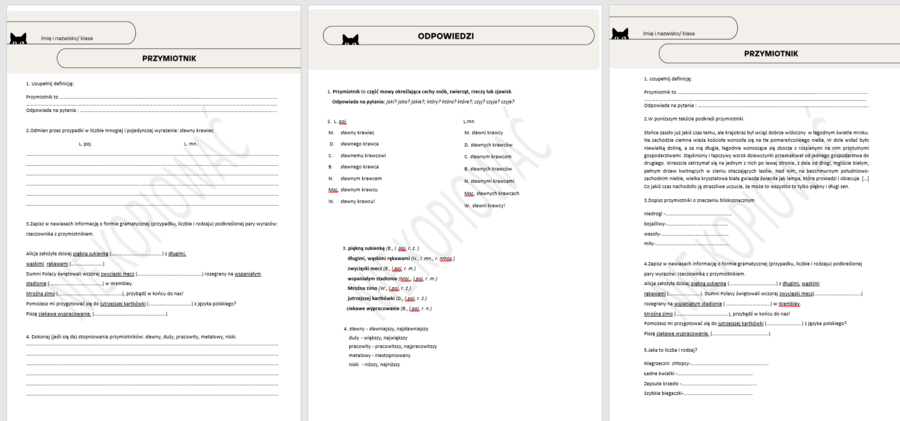 Odmienne części mowy - rzeczownik, czasownik, przymiotnik, liczebnik - zestaw kartkówek dla klasy 4/5