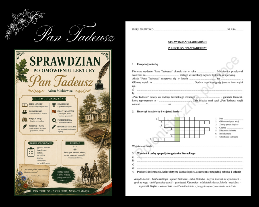 Sprawdzian wiadomości z lektury "Pan Tadeusz" (księga I, II, IV, X, XI, XII) + odpowiedzi