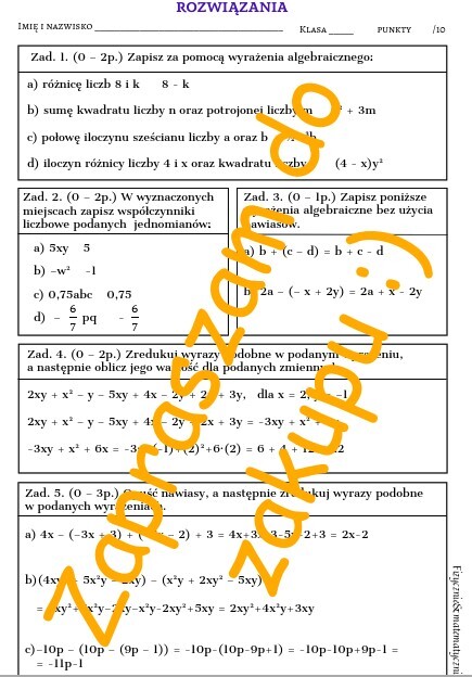 Wyrażenia algebraiczne cz. 1. - kartkówka, karta pracy