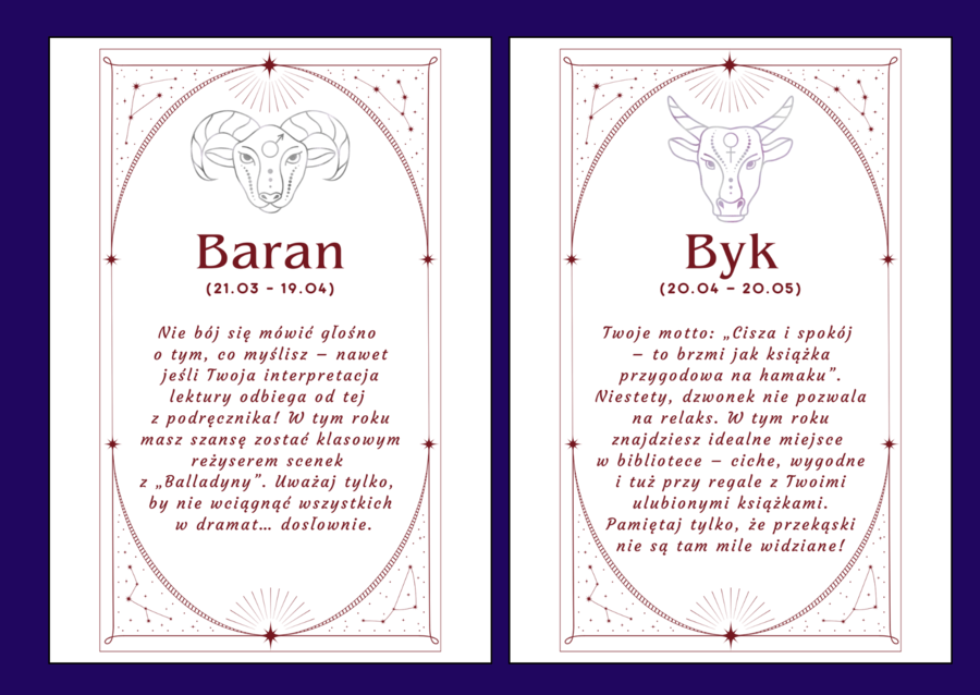 Gazetka  „HOROSKOP CZYTELNICZY" - biblioteka - język polski - świetlica