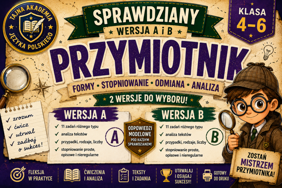 Przymiotnik – sprawdziany kl. 4–6 | wersja A i B + odpowiedzi modelowe