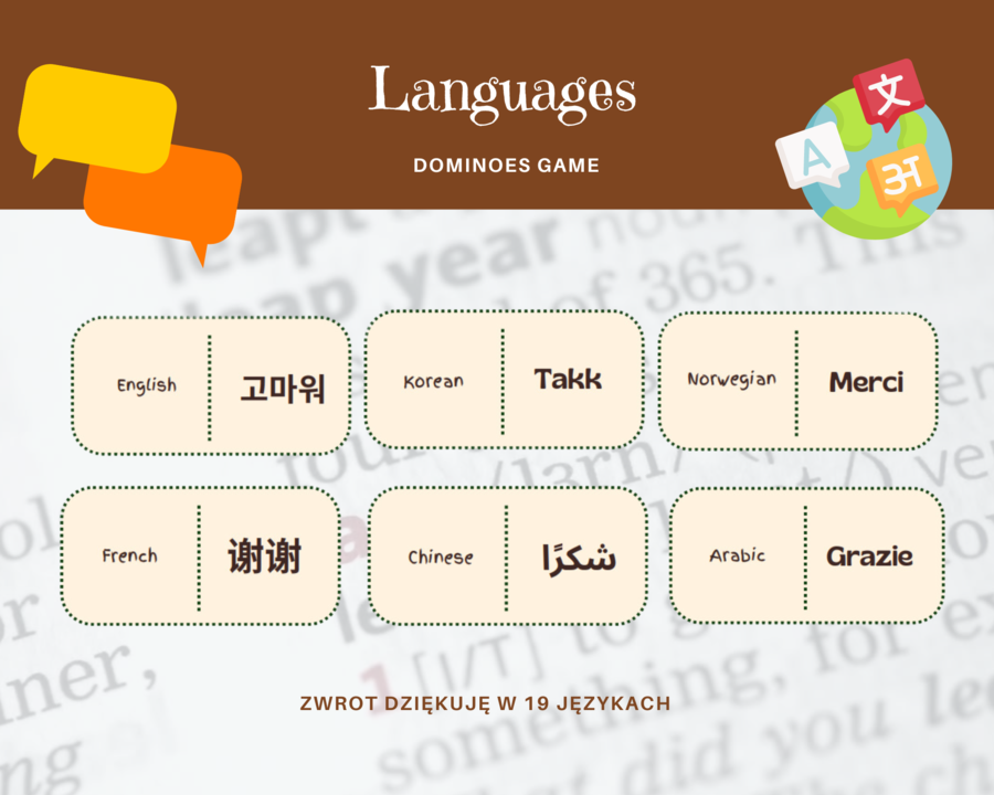 Thank you Domino na Europejski Dzień Języków - Dziękuję w 19 różnych językach - 2 wersje językowe- język polski, język angielski