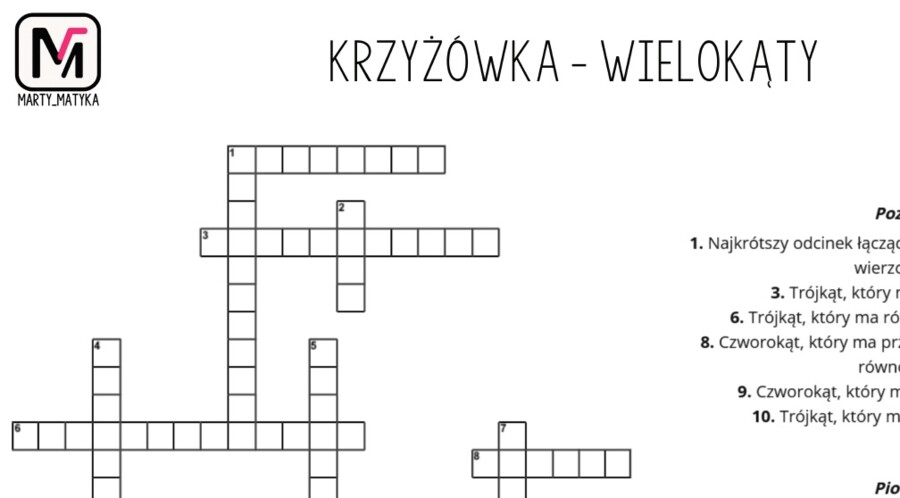 KRZYŻÓWKA wielokąty. Czworokąty, trójkąty. Klasa 5. Klasa 6. Klasa 7. Klasa 8. Powtórzenie