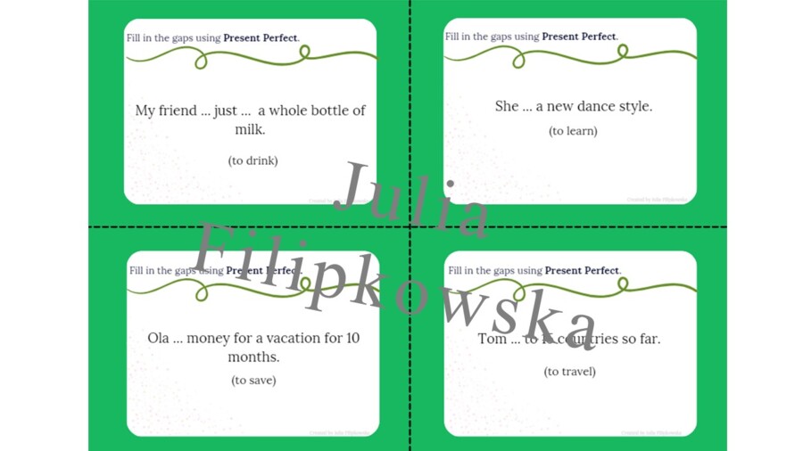 Present Perfect/ Karty do mówienia/ Mówienie/ Speaking/ Zestaw/ Pakiet/ Klasy 4-8/ Klasy 4-6/ Klasy 6-8/ SP/ Warm-up/ Rozgrzewka/ Gramatyka/ Grammar/ Speaking cards grammar/ Grammar cards/ E8