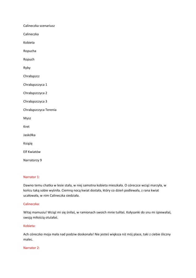 Scenariusz przedstawienia Calineczka - przedszkole
