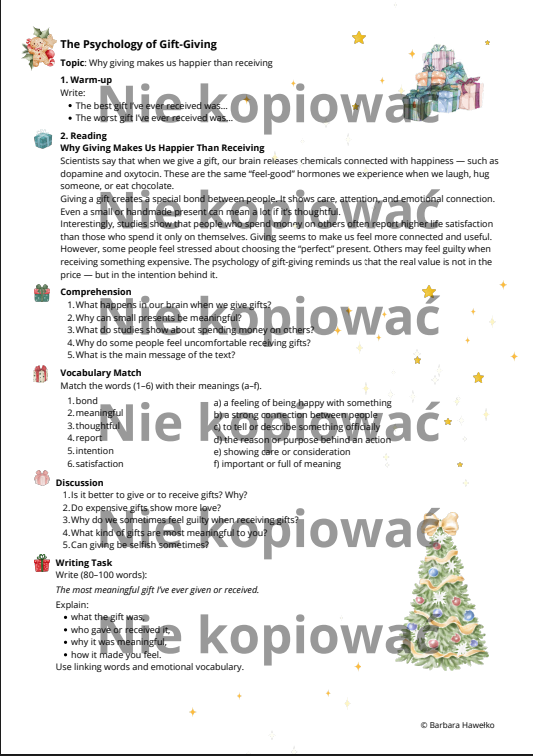 Karta pracy z czytanką The Psychology of Gift-Giving B1 przymiotniki opisujące emocje