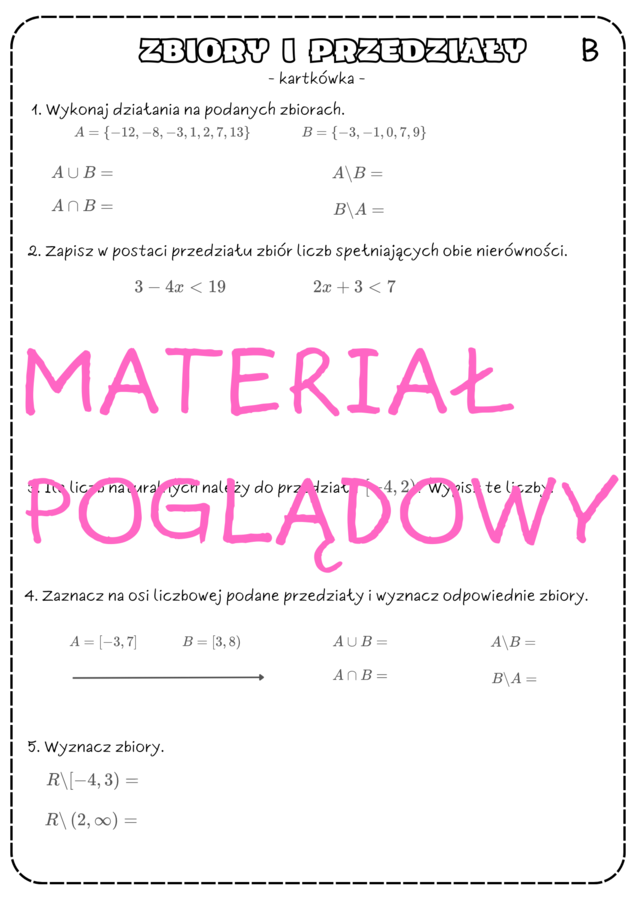 Zbiory liczbowe, przedziały - karta pracy. Klasa 1