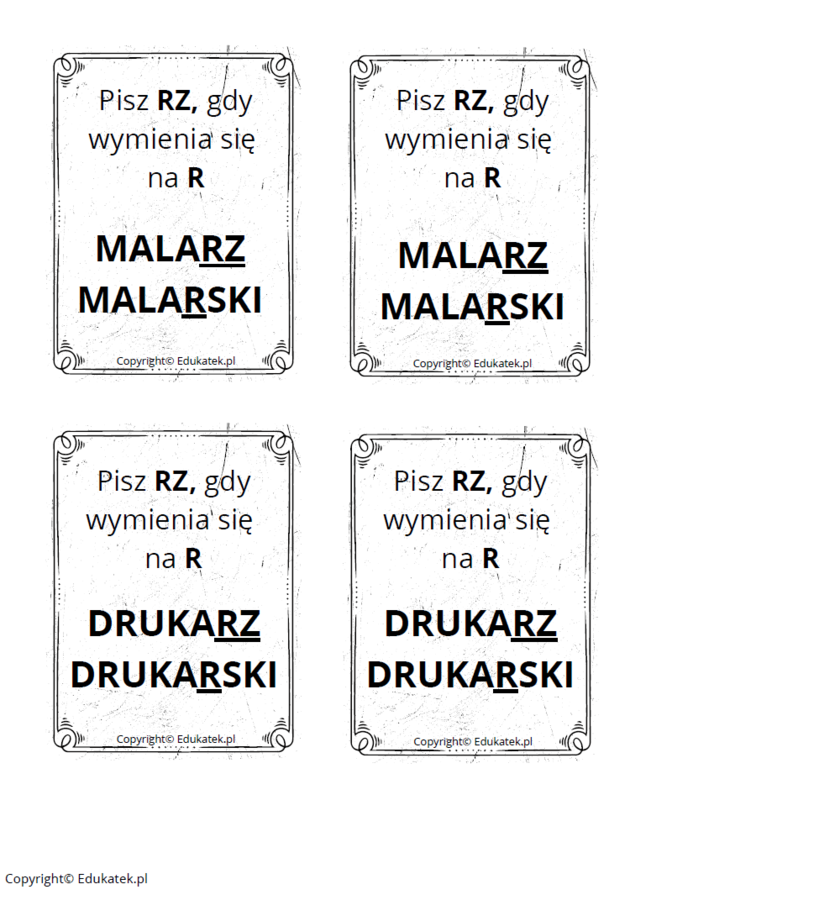 Memory ortograficzne – zasady pisowni z ż-rz (wersja czarno-biała)