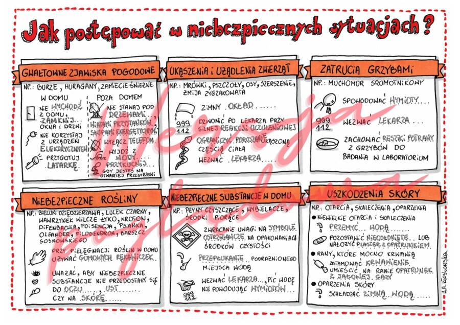 Jak postępować w sytuacjach niebezpiecznych? – przyroda kl. 4 -wypełniona karta pracy