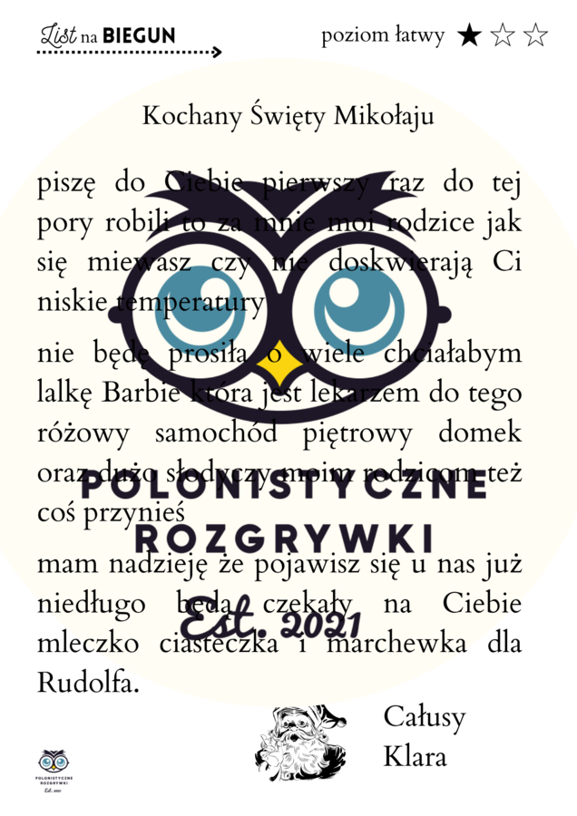 LIST NA BIEGUN. Ćwiczenia interpunkcyjne. 4-8. List do Świętego Mikołaja. Boże Narodzenie. Mikołajki