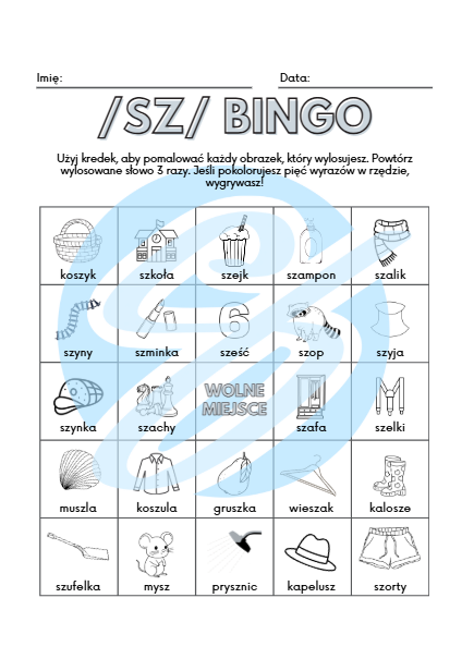 Logopedia Bingo do utrwalania głoski „sz” – materiały do terapii logopedycznej z kartą do kolorowania i losowania