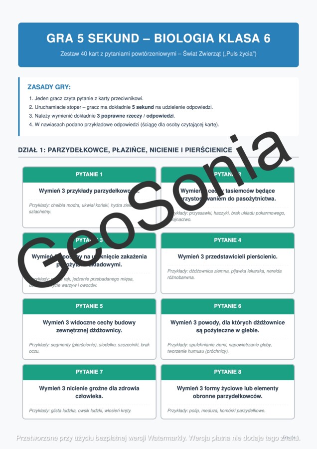 Gra 5 sekund biologia klasa 6 powtórka cały rok