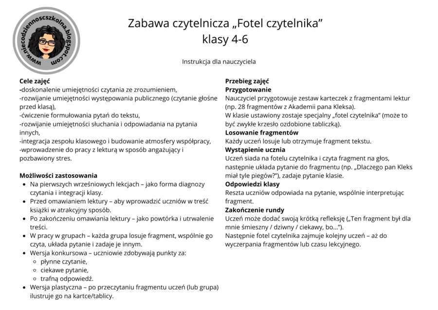 „Fotel czytelnika – zabawa czytelnicza z lekturą”