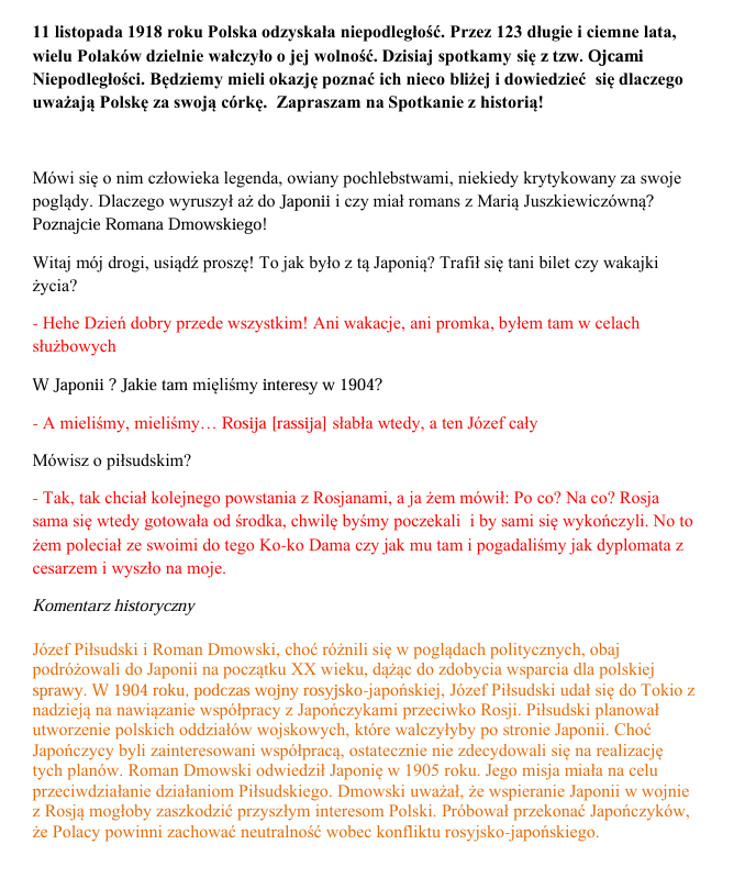 Spotkanie z Historią! 11 listopada 1918 r. - autorski scenariusz przedstawienia + dekoracje