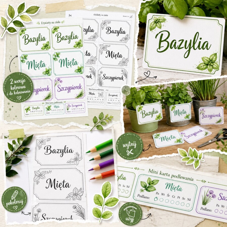 Etykiety na zioła: bazylia, mięta, szczypiorek
