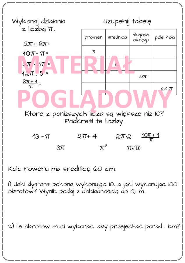 Pole koła i długość okręgu - notatka (plansza) + karta pracy. klasa 7 - 8.